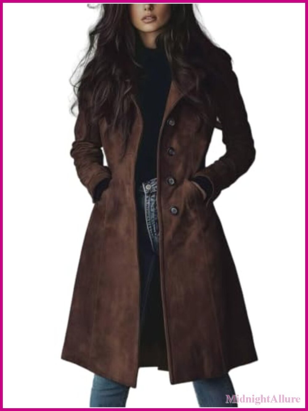Women's Faux Suede Trench Coat Long Single Breasted with Pockets
